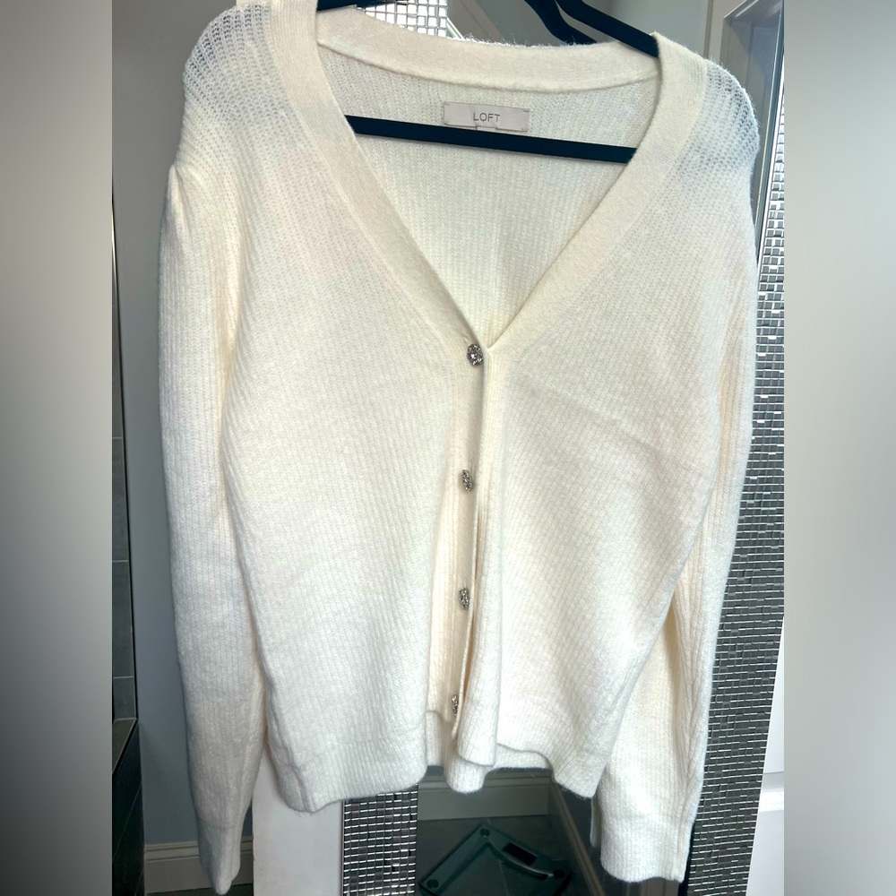 Loft off white button up cardigan with silver jeweled buttons - size small